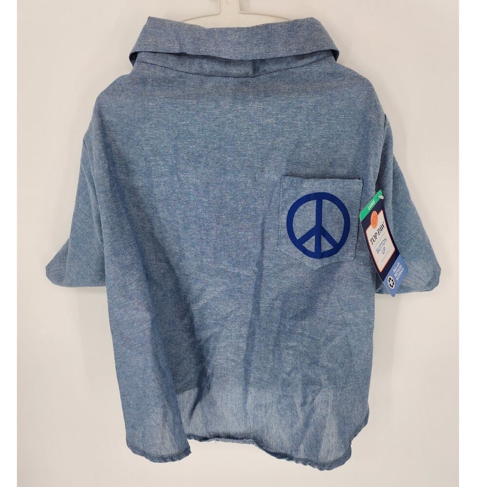 Top Paw Blue Button-Up Dog Shirt with Peace Sign – Size Large